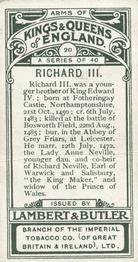 1906 Lambert & Butler Arms of Kings and Queens of England #20 Richard III Back