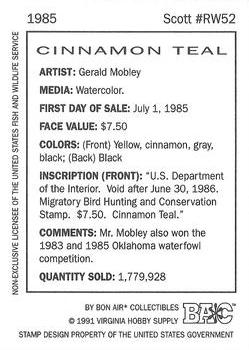 1992-94 Bon Air Federal Duck Stamps #RW52 Cinnamon Teal Back