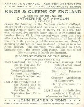 1935 Player's Kings & Queens of England (Large) #22 Catherine of Aragon Back
