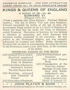 1935 Player's Kings & Queens of England (Large) #25 Edward VI Back