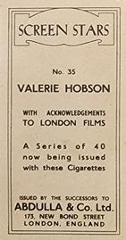1939 Abdulla & Co. Screen Stars - Successors Clause #35 Valerie Hobson Back