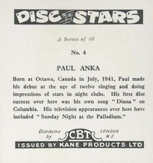 1959 Kane Products Disc Stars - Smaller Format #4 Paul Anka Back