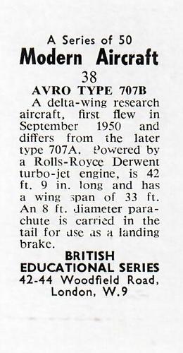 1953 British Educational Series Modern Aircraft #38 Avro Type 707B Back