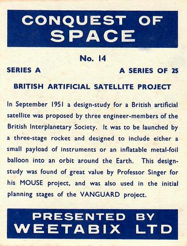 1958 Weetabix Conquest of Space Series A #14 British Artificial Satellite Project Back