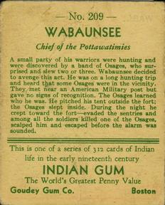 1933-40 Goudey Indian Gum (R73) #209 Wabaunsee Back
