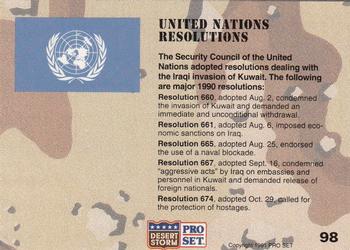 1991 Pro Set Desert Storm #98 United Nations Resolutions Back