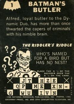 1966 Topps Batman Riddler Back #1 Batman's Butler Back