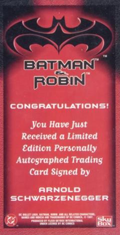 1997 SkyBox Batman & Robin Widevision - Autographs #NNO Arnold Schwarzenegger Back