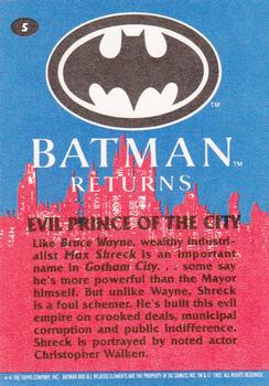 1992 Topps Batman Returns #5 Evil Prince of the City Back