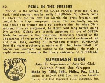 1941 Gum Inc. Superman (R145) #62 Peril in the Presses Back