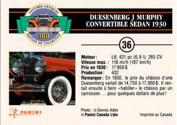 1992 Panini Antique Cars French Version #36 Duesenberg J Murphy Convertible Sedan 1930 Back