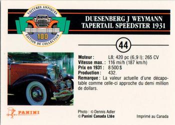 1992 Panini Antique Cars French Version #44 Duesenberg J Weymann Tapertail Speedster 1931 Back