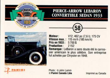 1992 Panini Antique Cars French Version #58 Pierce-Arrow LeBaron Convertible Sedan 1933 Back