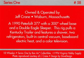 1994-95 Bon Air 18 Wheelers #58 Jeff Crane - 1990 Peterbilt377/ Double Eagle Sleeper Back