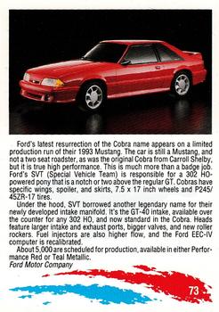 1992 Performance Years Mustang Cards #73 '93 Mustang Cobra Back