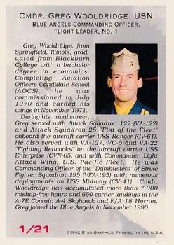 1992 Ryan Blue Angels #1 Cmdr. Greg Wooldridge, USN Back