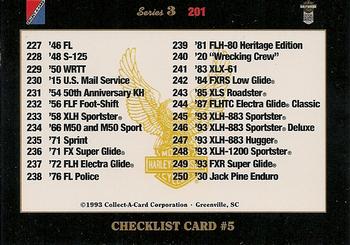 1992-93 Collect-A-Card Harley Davidson #201 Checklist Card #5: 201-250 Back