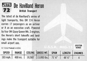 1956 Topps Jets (R707-1) #72 De Havilland Heron          British airliner Back