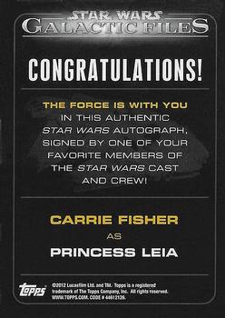 2012 Topps Star Wars: Galactic Files - Autographs #NNO4 Carrie Fisher Back