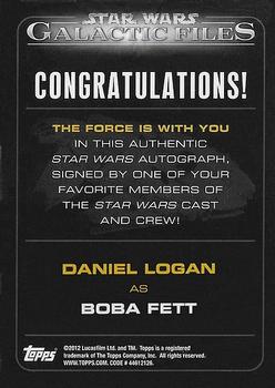 2012 Topps Star Wars: Galactic Files - Autographs #NNO5 Daniel Logan Back