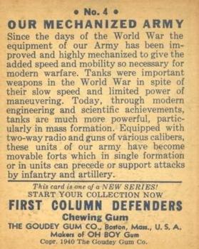 1940 Goudey First Column Defenders (R50) #4 Our Mechanized Army Back