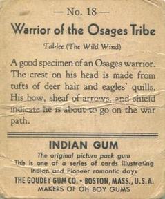1947 Goudey Indian Gum (R773) #18 Warrior of the Osages Tribe Back