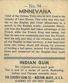1947 Goudey Indian Gum (R773) #94 Minnevana Back