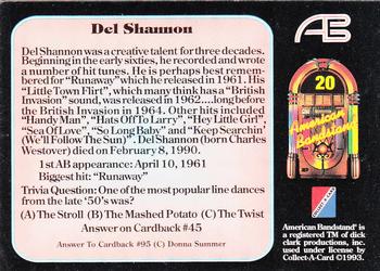 1993 Collect-A-Card American Bandstand #20 Del Shannon Back