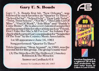1993 Collect-A-Card American Bandstand #89 Gary U.S. Bonds Back