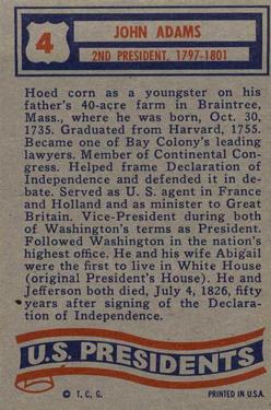 1956 Topps U.S. Presidents (R714-23) #4 John Adams Back