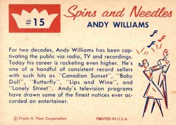 1960 Fleer Spins and Needles #15 Andy Williams Back