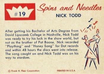 1960 Fleer Spins and Needles #19 Nick Todd Back