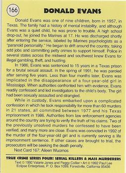 1992 Eclipse True Crime #166 Donald Evans Back