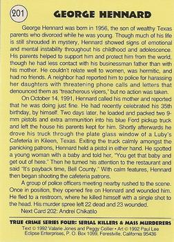 1992 Eclipse True Crime #201 George Hennard Back