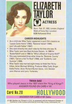 1991 Starline Hollywood Walk of Fame #20 Elizabeth Taylor Back