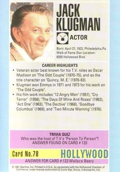 1991 Starline Hollywood Walk of Fame #78 Jack Klugman Back