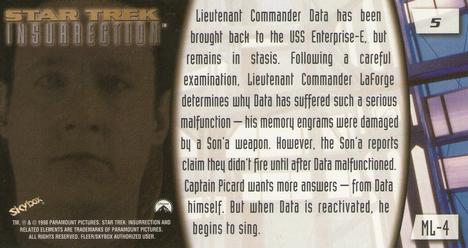 1998 SkyBox Star Trek Insurrection #5 Lieutenant Commander Data has ... Back