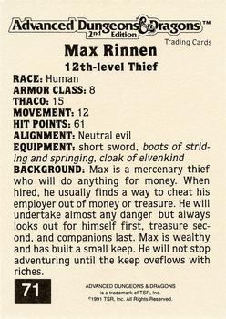 1991 TSR Advanced Dungeons & Dragons - Silver #71 Max Rinnen Back