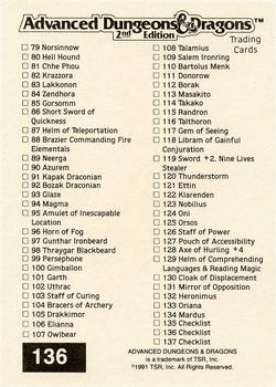 1991 TSR Advanced Dungeons & Dragons - Silver #136 Checklist 3 --  79-137 Back