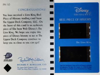 2003 Upper Deck Disney Treasures - Reel Pieces of History #PH10 The Lion King Back