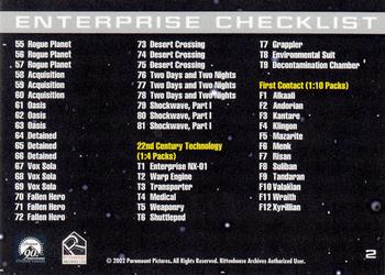 2002 Rittenhouse Star Trek Enterprise Season 1 #2 Enterprise Checklist Back