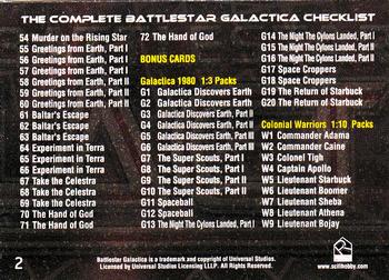2004 Rittenhouse The Complete Battlestar Galactica #2 Checklist 54-72, G1-G20, W1-W9 Back