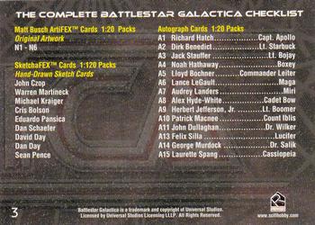 2004 Rittenhouse The Complete Battlestar Galactica #3 Checklist Na-N6, SketchaFEX, A1-A15 Back