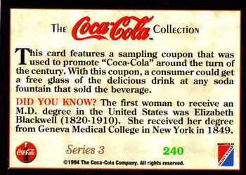 1994 Collect-A-Card Coca-Cola Collection Series 3 #240 Sampling coupon, turn of century Back