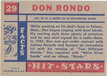1957 Topps Hit Stars #29 Don Rondo Back