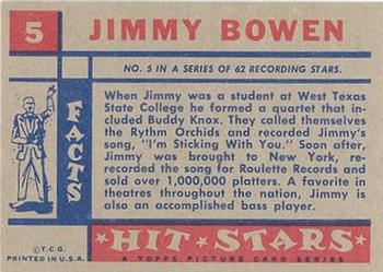 1957 Topps Hit Stars #5 Jimmy Bowen Back