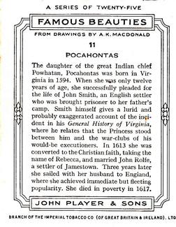 1937 Player's Famous Beauties #11 Pocahontas Back