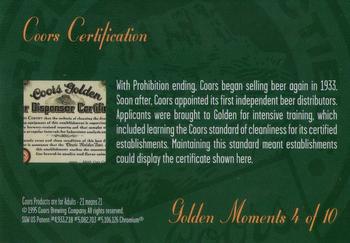 1995 Coors - Golden Moments #4 Coors Certification Back