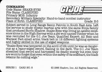1986 Hasbro G.I. Joe Action Cards #8 Snake-Eyes Back
