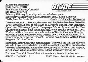 1986 Hasbro G.I. Joe Action Cards #15 Duke Back